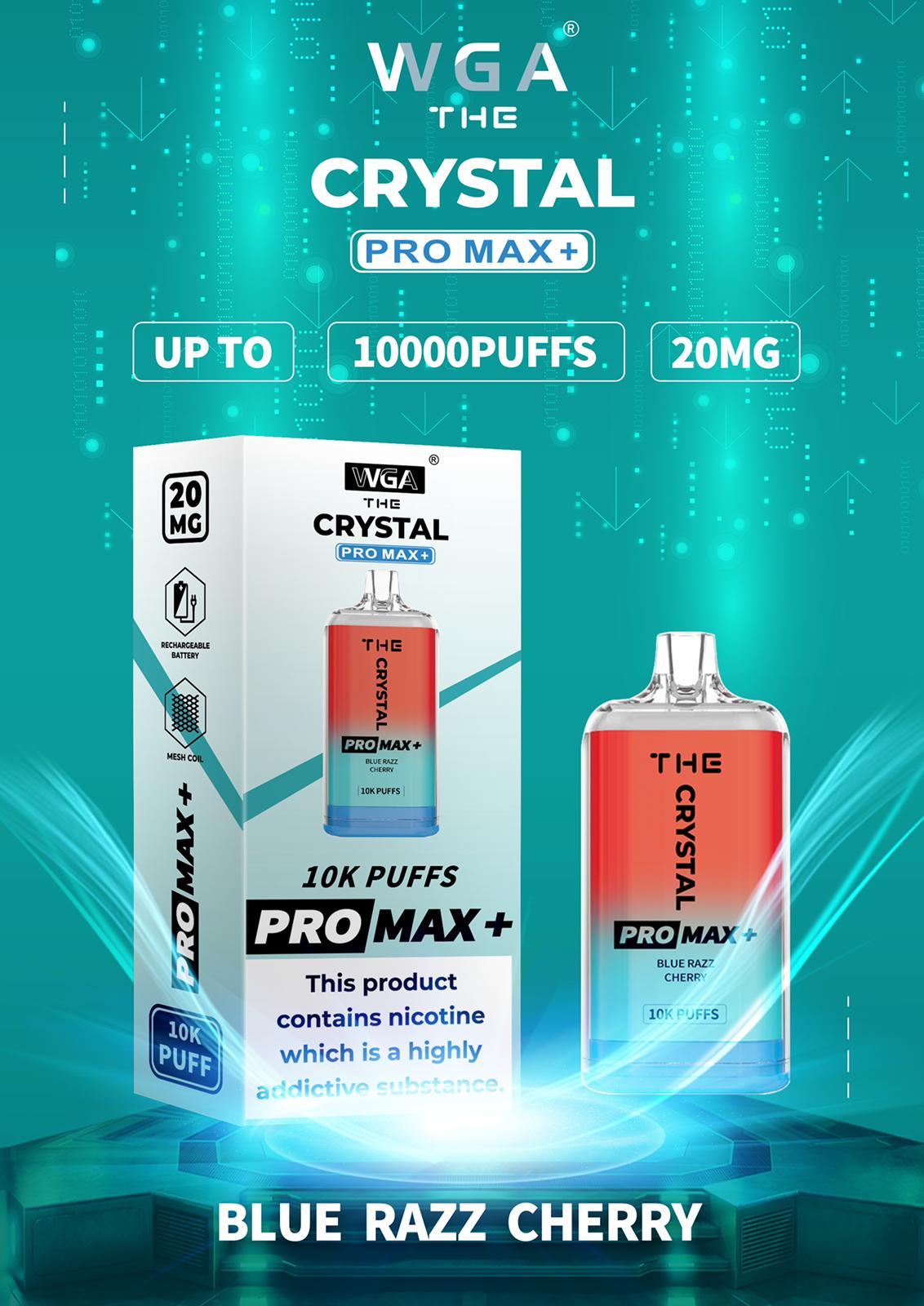 WGA The Crystal Pro Max + 10000 Disposable Vape Pod Device Box of 10 - WGA The Crystal Pro Max + 10000 Puff Disposable Vape - The Crystal Pro Max + 10000 Disposable Vape Puff Pod Bar - Wolfvapes.co.uk - Blue Razz Cherry - Vape Fast UK - Vape Fast UK