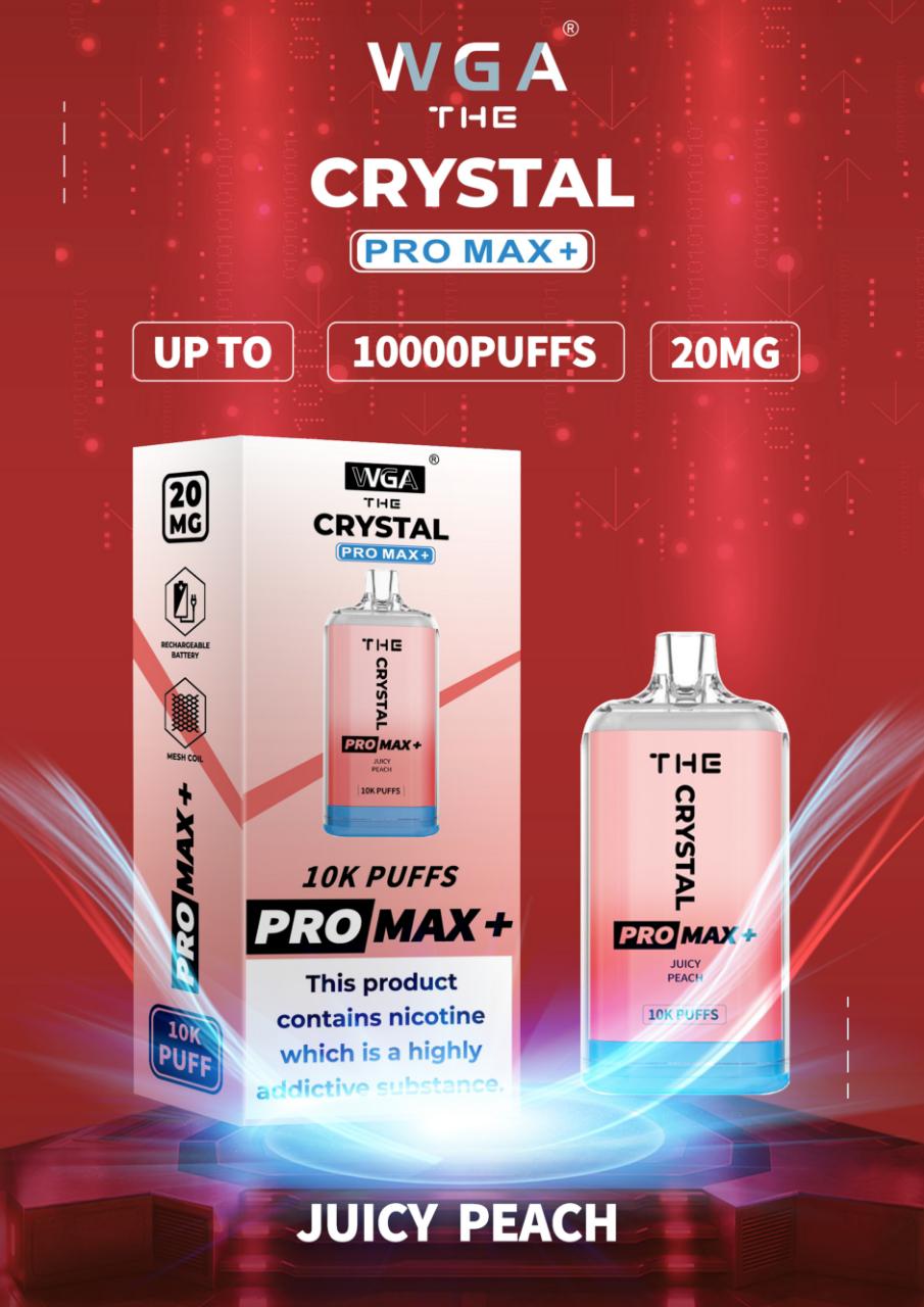 WGA The Crystal Pro Max + 10000 Disposable Vape Pod Device Box of 10 - WGA The Crystal Pro Max + 10000 Puff Disposable Vape - The Crystal Pro Max + 10000 Disposable Vape Puff Pod Bar - Wolfvapes.co.uk - Juicy Peach - Vape Fast UK - Vape Fast UK