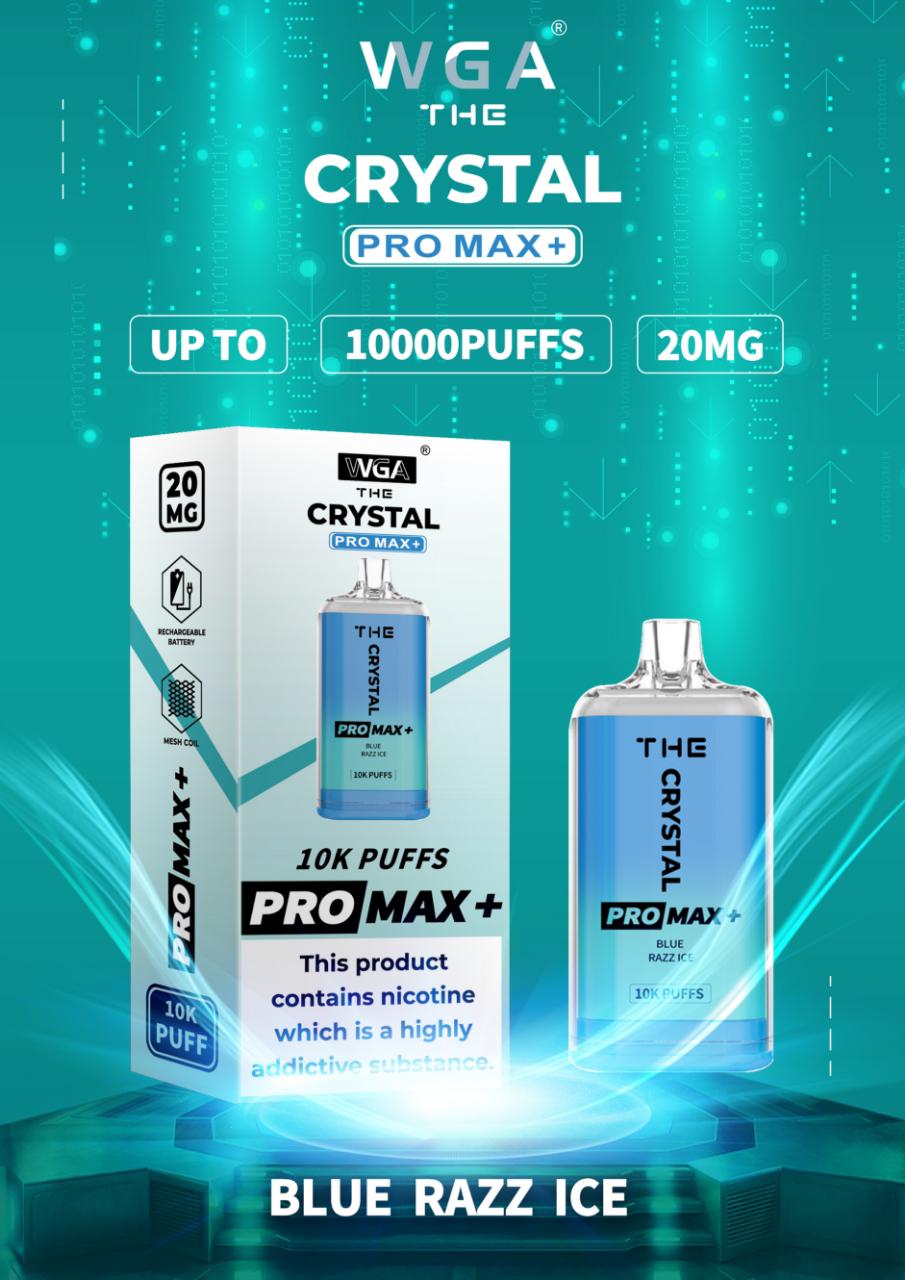 WGA The Crystal Pro Max + 10000 Disposable Vape Pod Device Box of 10 - WGA The Crystal Pro Max + 10000 Puff Disposable Vape - The Crystal Pro Max + 10000 Disposable Vape Puff Pod Bar - Wolfvapes.co.uk - Blue Razz Ice - Vape Fast UK - Vape Fast UK