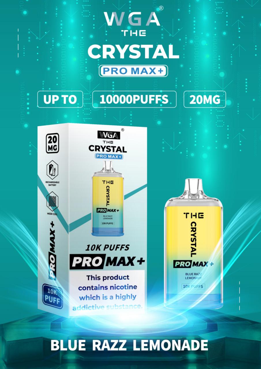 WGA The Crystal Pro Max + 10000 Disposable Vape Pod Device Box of 10 - WGA The Crystal Pro Max + 10000 Puff Disposable Vape - The Crystal Pro Max + 10000 Disposable Vape Puff Pod Bar - Wolfvapes.co.uk - Blue Razz Lemonade - Vape Fast UK - Vape Fast UK