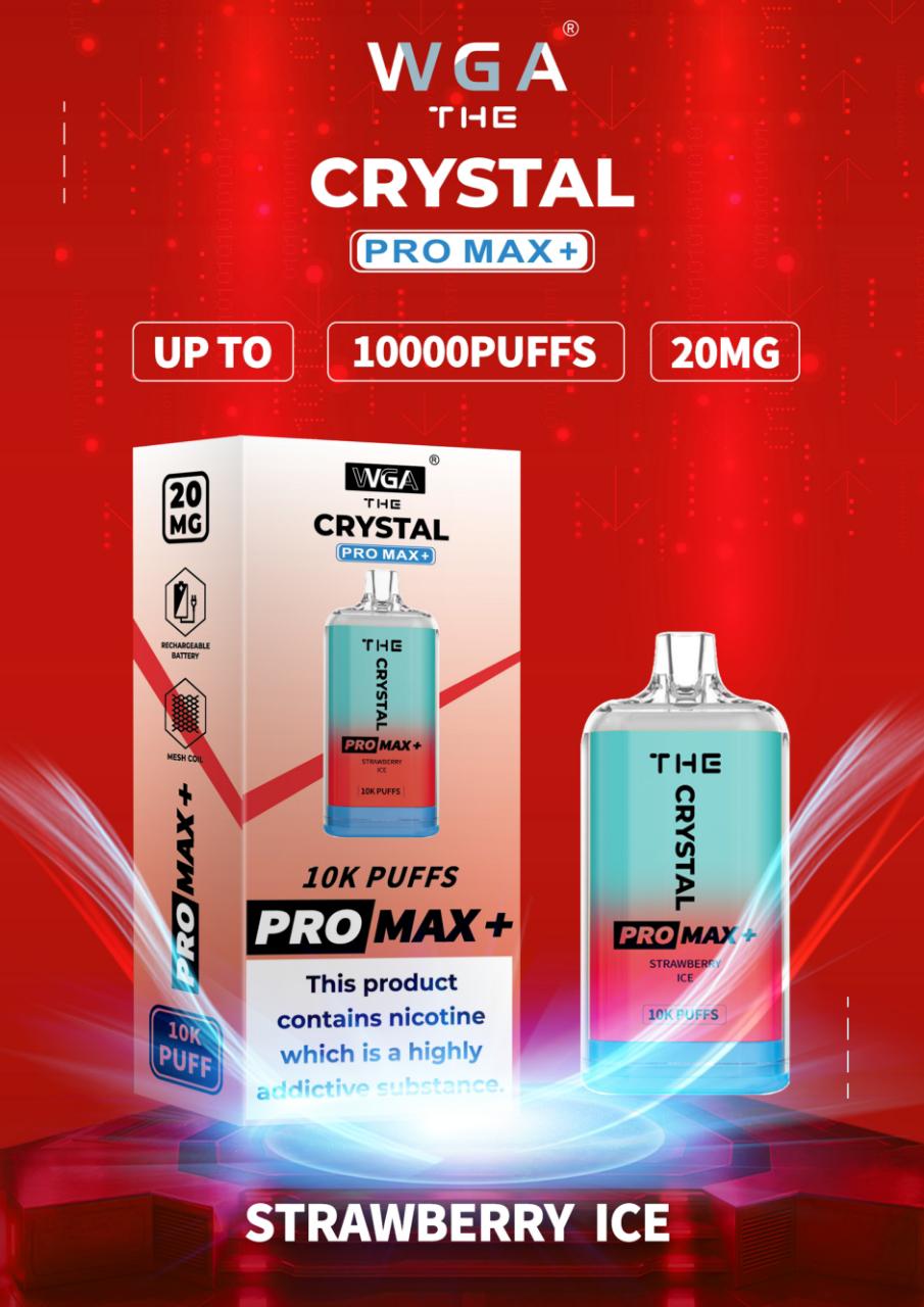 WGA The Crystal Pro Max + 10000 Disposable Vape Pod Device Box of 10 - WGA The Crystal Pro Max + 10000 Puff Disposable Vape - The Crystal Pro Max + 10000 Disposable Vape Puff Pod Bar - Wolfvapes.co.uk - Strawberry Ice - Vape Fast UK - Vape Fast UK