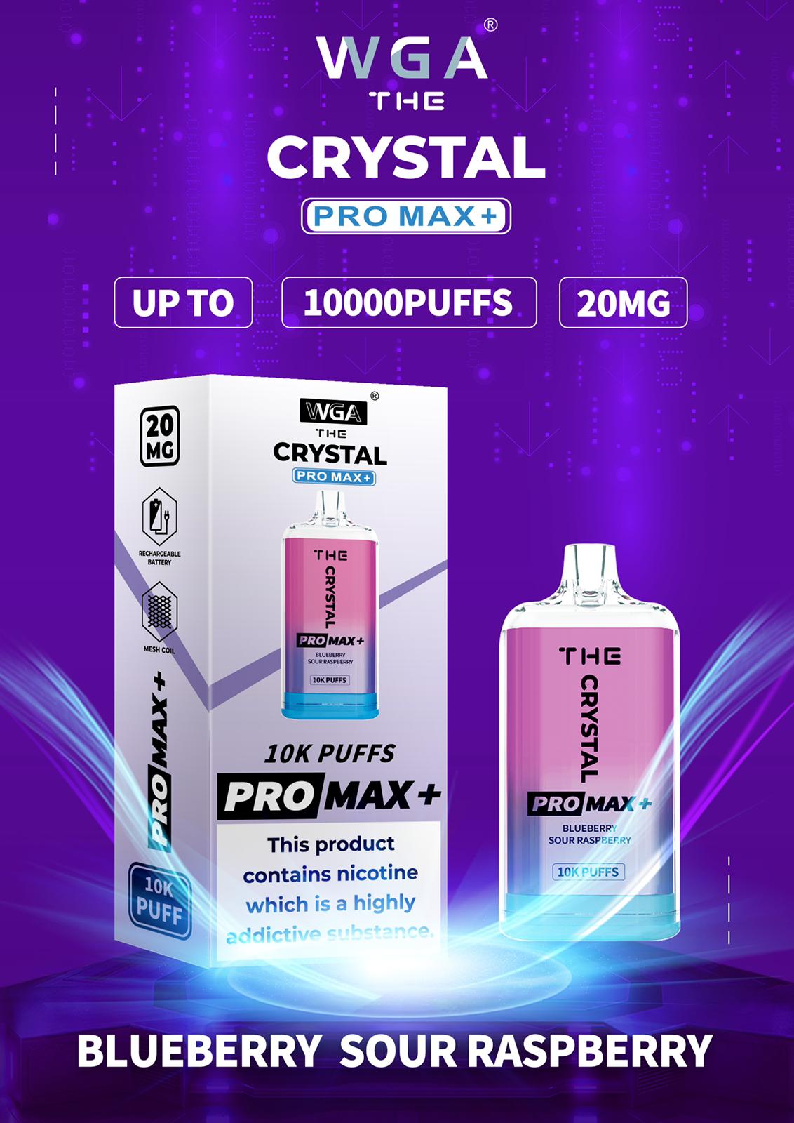 WGA The Crystal Pro Max + 10000 Disposable Vape Pod Device Box of 10 - WGA The Crystal Pro Max + 10000 Puff Disposable Vape - The Crystal Pro Max + 10000 Disposable Vape Puff Pod Bar - Wolfvapes.co.uk - Blueberry Sour Raspberry - Vape Fast UK - Vape Fast UK