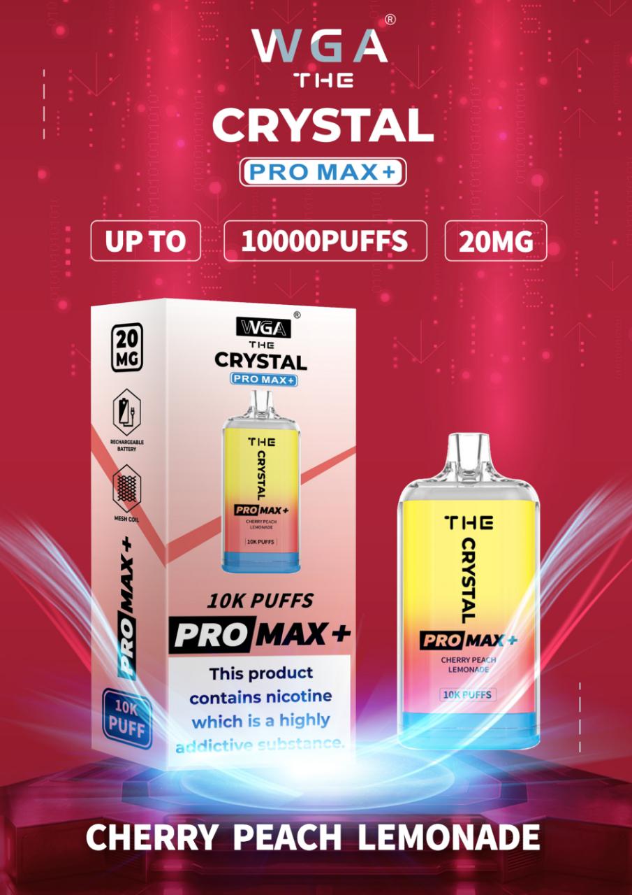 WGA The Crystal Pro Max + 10000 Disposable Vape Pod Device Box of 10 - WGA The Crystal Pro Max + 10000 Puff Disposable Vape - The Crystal Pro Max + 10000 Disposable Vape Puff Pod Bar - Wolfvapes.co.uk - Cherry Peach Lemonade - Vape Fast UK - Vape Fast UK